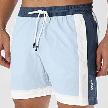 BOSS - Short De Bain A Bandes Remy 50534321 Bleu Clair Blanc Bleu Marine