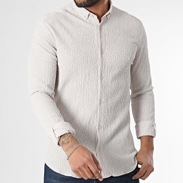 Classic Series - Chemise Manches Longues A Rayures Beige Blanc