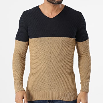 Classic Series - Pull Col V Bleu Marine Camel