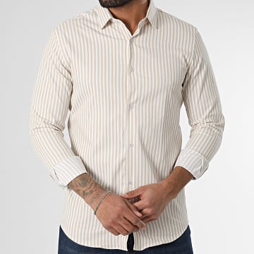 Classic Series - Chemise Manches Longues A Rayures Beige Blanc