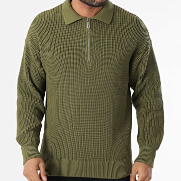 2Y Premium - Suéter de cuello con cremallera verde caqui