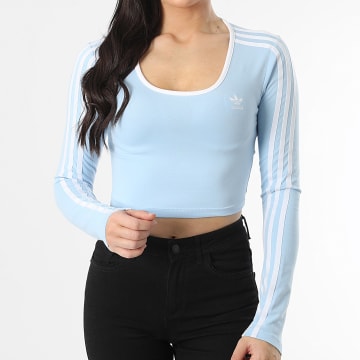 Adidas Originals - Tee Shirt Crop Manches Longues A Bandes Femme 3 Stripes JD4627 Bleu Clair