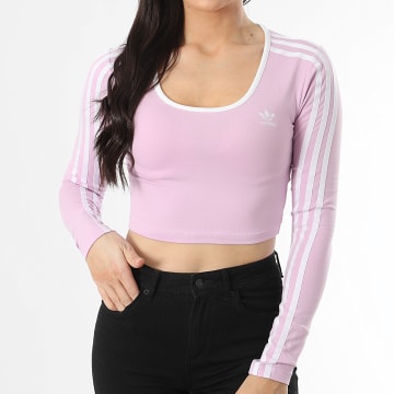 Adidas Originals - Tee Shirt Crop Manches Longues A Bandes Femme 3 Stripes JD4628 Lilas