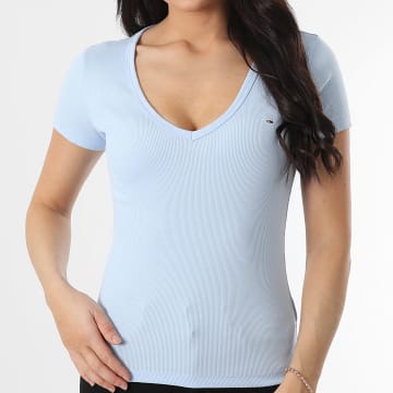 Tommy Jeans - Tee Shirt Col V Femme Slim Essential Rib 7385 Bleu Clair