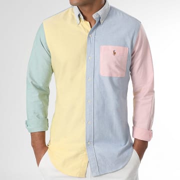 Polo Ralph Lauren - Chemise Manches Longues Original Player Bleu Clair Jaune Rose Vert