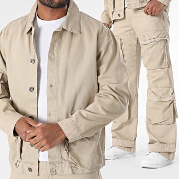 Ikao - Ensemble Veste Jean Et Pantalon Cargo Jean Beige