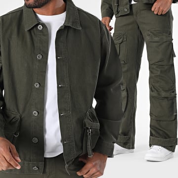 Ikao - Ensemble Veste Jean Et Pantalon Cargo Jean Vert Kaki