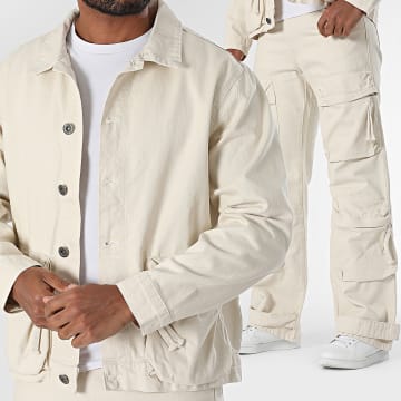 Ikao - Ensemble Veste Jean Et Pantalon Cargo Jean Beige Clair
