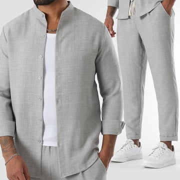 LBO - Ensemble Chemise Manches Longues Col Officier Et Pantalon Effet Lin 1734 Gris