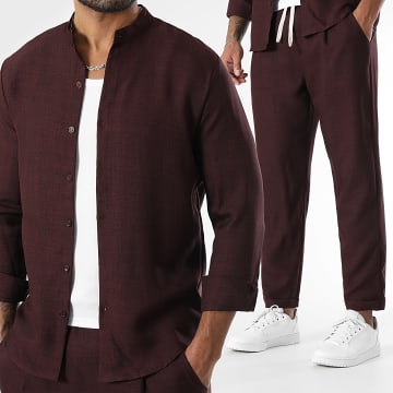 LBO - Conjunto de camisa de manga larga y pantalón efecto lino 1735 Burdeos