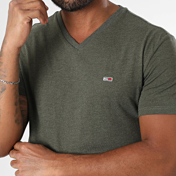 Tommy Jeans - Tee Shirt Col V Slim Jaspe 0364 Vert Kaki Chiné