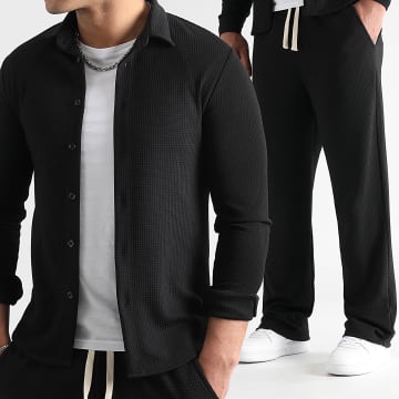 LBO - 1750 Conjunto de camisa y pantalón negro texturizado de pata ancha