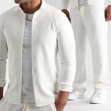 LBO - 1751 Conjunto blanco de camisa y pantalón de pata ancha con textura