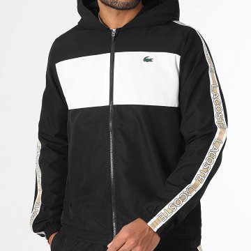 Lacoste - Veste Zippée Capuche A Bandes Logo Crocodile Noir Blanc