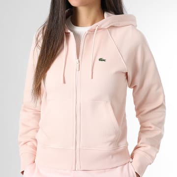 Lacoste - Sweat Zippé Capuche Femme Logo Brodé Crocodile Regular Fit Rose