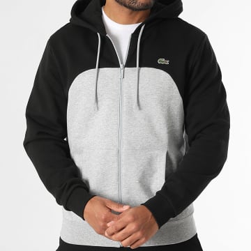 Lacoste - Sweat Zippé Capuche Logo Brodé Crocodile Gris Chiné Noir