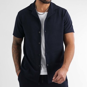 LBO - Chemise Manches Courtes Texturé Waffle 1572 Bleu Marine