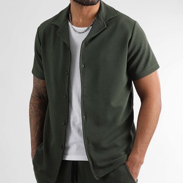 LBO - Chemise Manches Courtes Texturé Waffle 1573 Vert Kaki