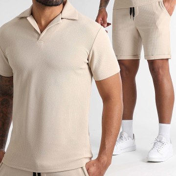 LBO - Waffle 1577 Beige Polo-Shirt und Jogginghose mit Struktur