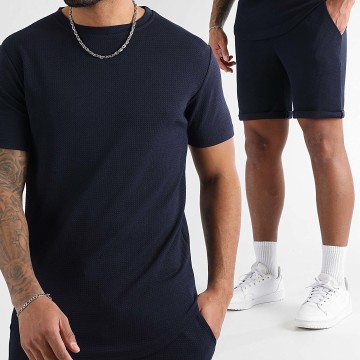LBO - Conjunto de camiseta oversize azul marino y pantalón corto texturizado Waffle 1758