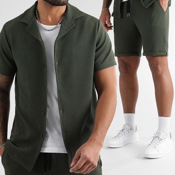 LBO - Conjunto de camisa de manga corta y pantalón corto Waffle 1759 verde caqui