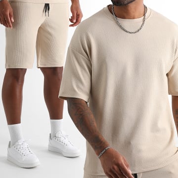 LBO - Ensemble Tee Shirt Large Et Short Texturé Waffle 1764 Beige Clair