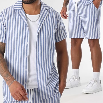 LBO - Ensemble Chemise Manches Courtes Et Short A Rayures Larges 1744 Bleu Clair Blanc