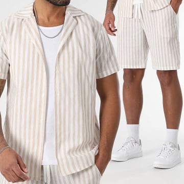 LBO - Conjunto de camisa de manga corta y pantalón corto de rayas anchas 1743 Beige Blanco