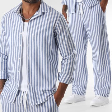 LBO - Conjunto de camisa de manga larga y pantalón de raya ancha 1766 Azul claro Blanco