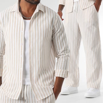 LBO - Conjunto de camisa de manga larga y pantalón de raya ancha 1767 Beige Blanco