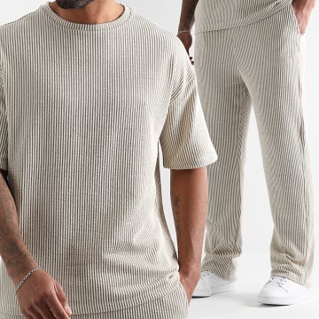 LBO - Seersucker 3728 Conjunto de camisa beige y pantalón ancho