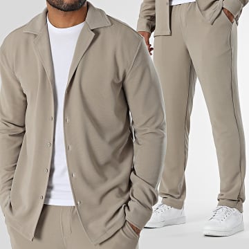 Frilivin - Conjunto de camisa de manga larga y pantalón de chándal beige