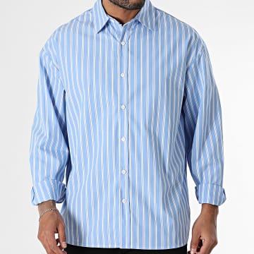 Frilivin - Camisa de manga larga a rayas azul claro y blanco