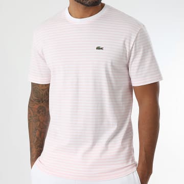 Lacoste - Rayas Logotipo Bordado Cocodrilo Calce Clásico Camiseta Blanco Rosa