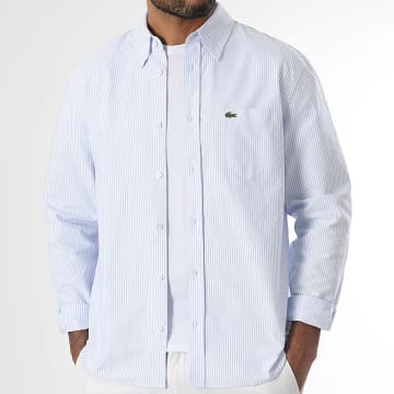 Lacoste - Chemise Manches Longues A Rayures Poche Logo Brodé Crocodile Regular Fit Bleu Clair