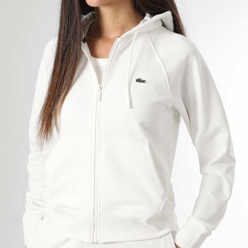 Lacoste - Sweat Zippé Capuche Femme Logo Brodé Crocodile Regular Fit Blanc