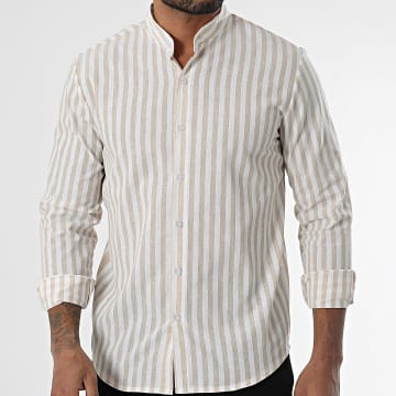 Frilivin - Camisa de manga larga a rayas beige y blancas