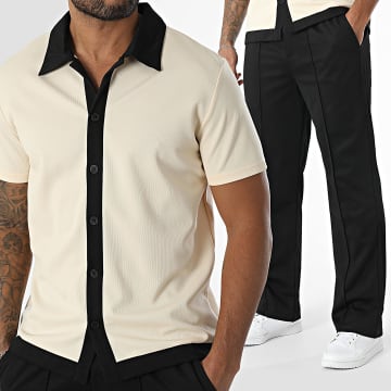 Frilivin - Conjunto de camisa de manga corta y pantalón Beige Negro