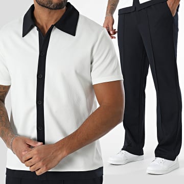 Frilivin - Conjunto de camisa de manga corta y pantalón Beige claro Azul marino