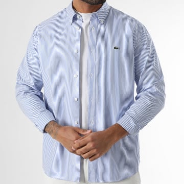 Lacoste - Chemise Manches Longues A Rayures Logo Brodé Crocodile Regular Fit Bleu Clair Blanc