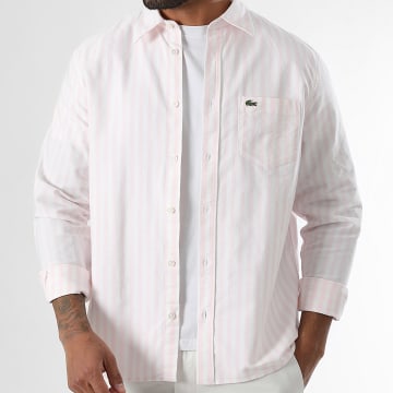 Lacoste - Chemise Manches Longues A Rayures Logo Brodé Crocodile Regular Fit Rose Blanc