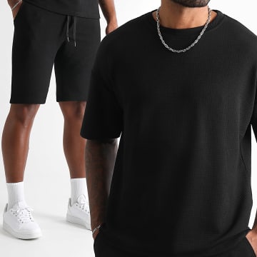 LBO - Ensemble Tee Shirt Large Et Short Jogging Relaxed Texturé Waffle 1826 Noir