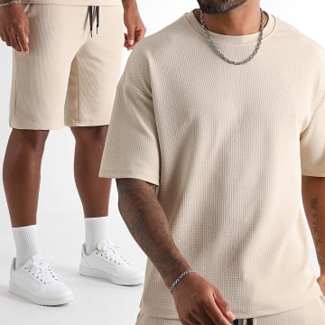 LBO - Conjunto de camiseta relax texturizada Waffle 1827 beige grande y pantalón corto de jogging