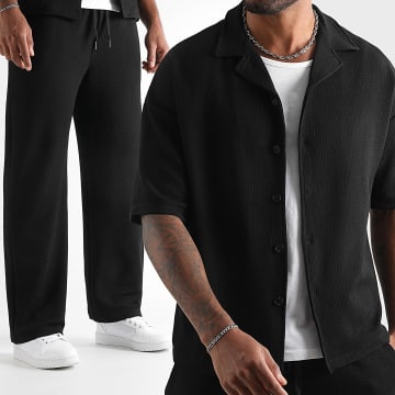 LBO - Conjunto de camisa negra de manga corta y pantalón ancho Waffle 1832