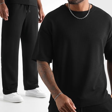 LBO - Conjunto de camiseta y pantalón Waffle 1835 negro texturizado de pata ancha