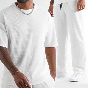 LBO - Conjunto de camiseta y pantalón Waffle 1836 blanco texturizado de pata ancha