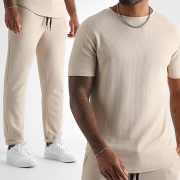 LBO - Conjunto de camisa y pantalón Waffle 1838 Beige claro texturizado