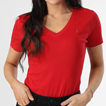 Tommy Hilfiger - Tee Shirt Col V Femme New Slim Cody 0584 Rouge