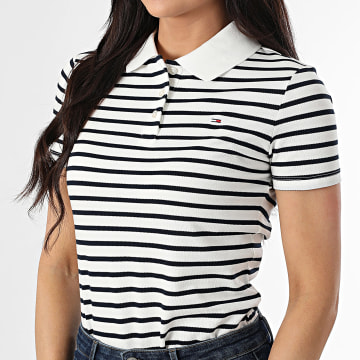 Tommy Jeans - Polo Manches Courtes A Rayures Slim Femme Essential 0160 Blanc Bleu Marine
