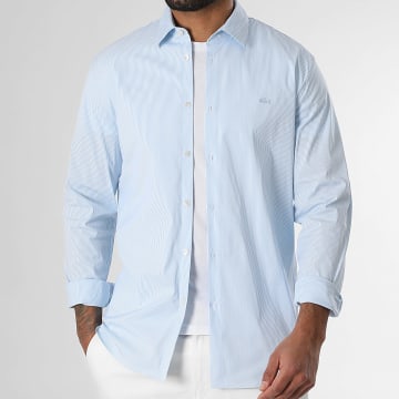 Lacoste - Chemise Manches Longues Slim Logo Brodé Crocodile Bleu Clair Blanc